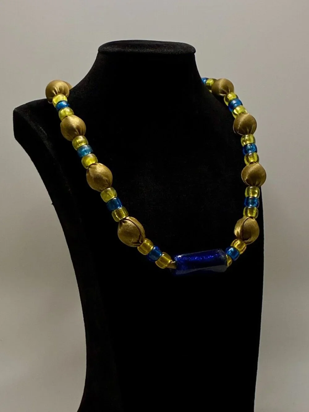 Rare Vintage Napier Runway Necklace Gold Fabric Beads Cobalt Blue Glass Accent